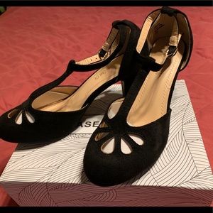 Chase + Chloe Black Suede T-Strap Pumps